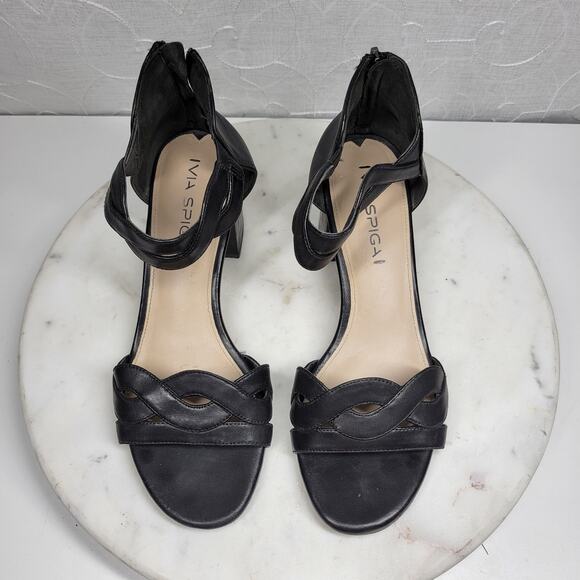 VTG Via Spiga Janel Heels Womens 7 Black Leather Chunky Twisted Strap Block Heel - Picture 11 of 16